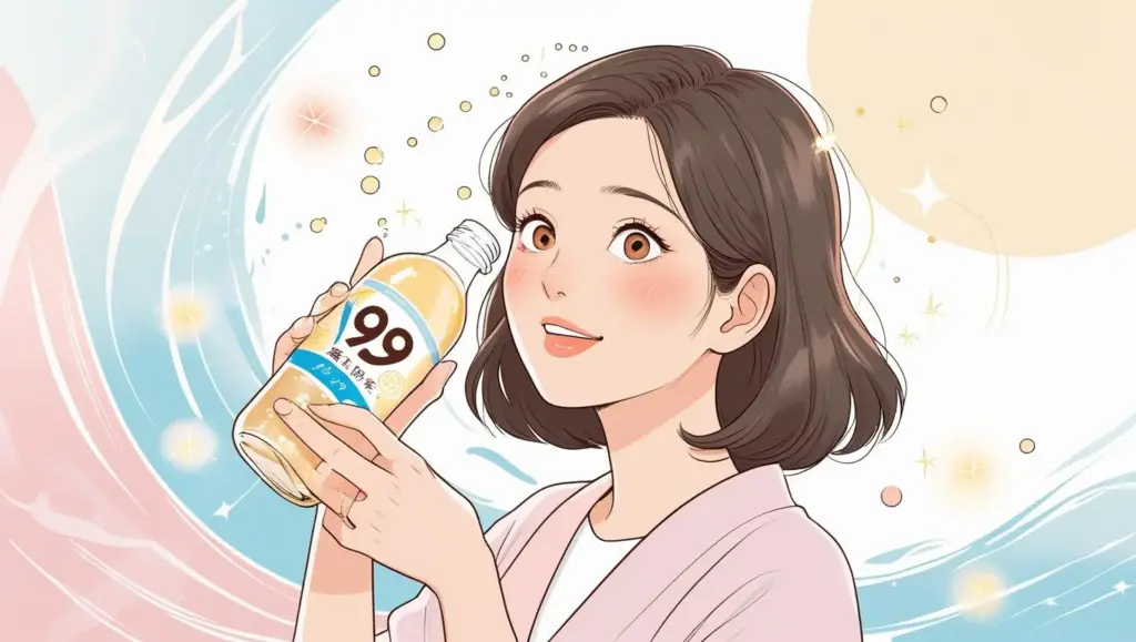 温泉水99の飲みやすさ、効果の体感に驚いている女性