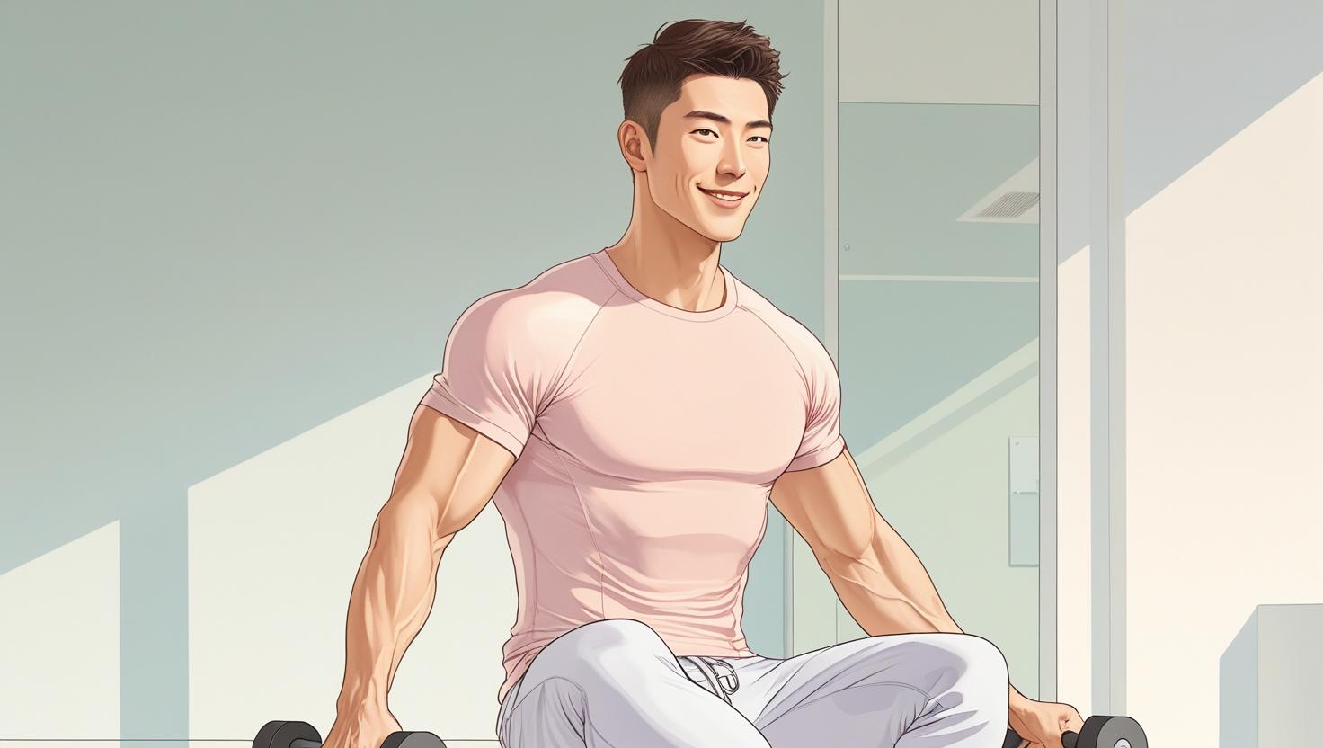 自宅で筋トレをしている細マッチョの男性