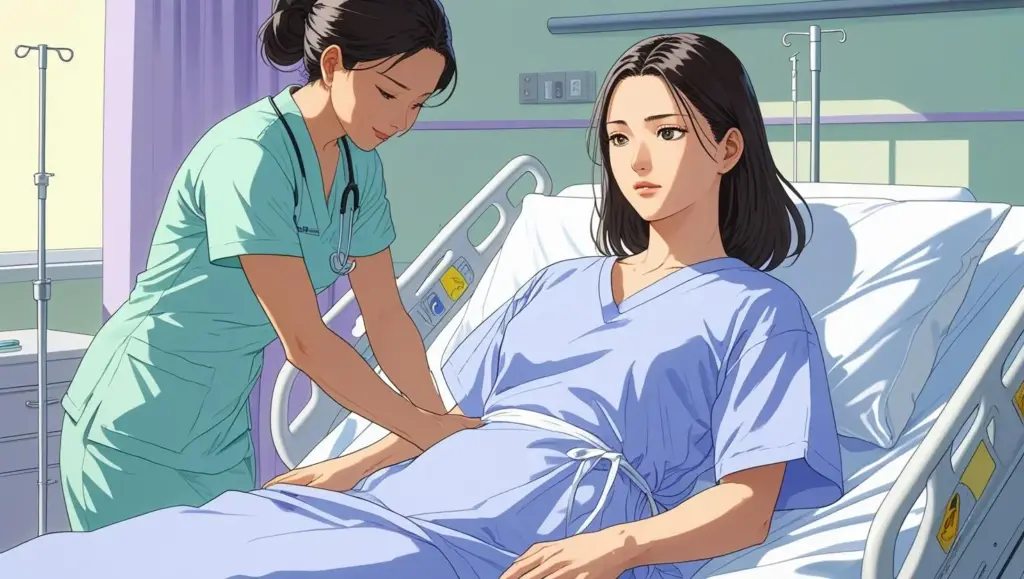 鼻整形の手術当日に、手術室で処置を受けている様子。緊張している患者と、手術前の準備を進める看護師