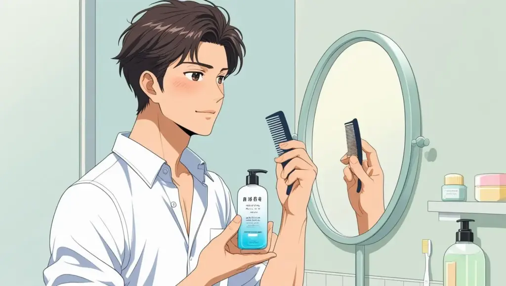 鏡の前で肌と髪を整える清潔感のある若い男性のイラスト