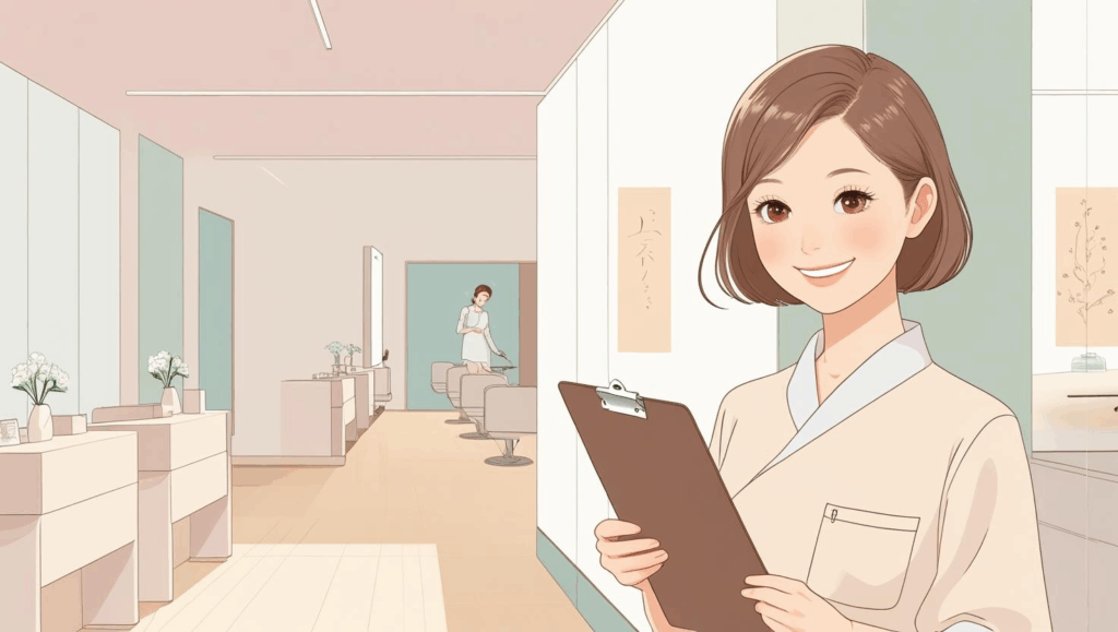 脱毛サロンで働く女性スタッフがお客さんの案内時に笑顔を見せている