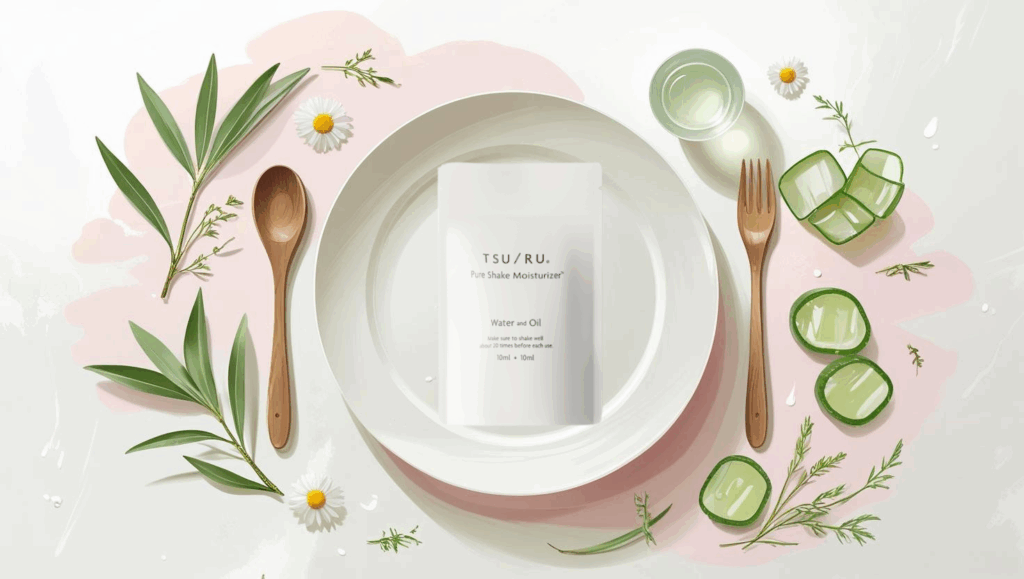 食べれる化粧品TSURUをお皿に置いて、視覚的に「食べられるほど優しい」を表現