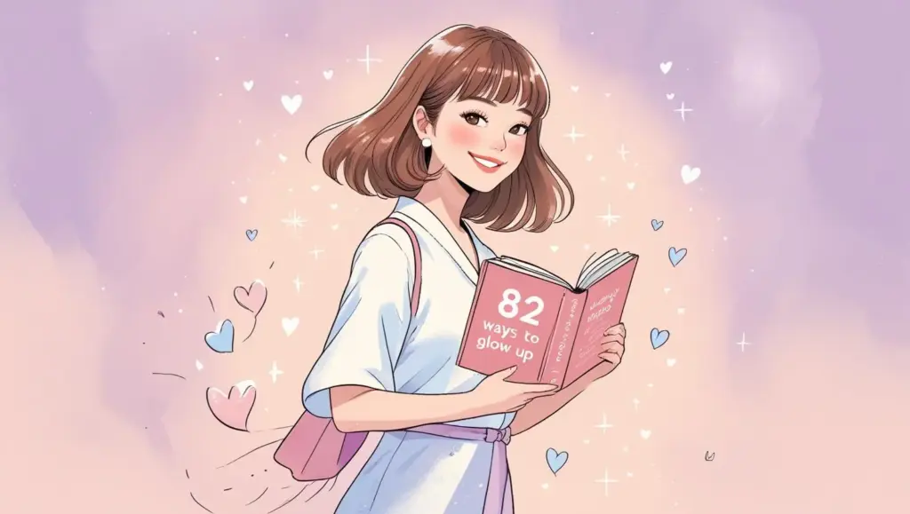 垢抜けたいと思ってる女性が、藤田ニコルの書籍『私が垢抜けた82の方法』を手にして前向きに一步踏み出そうとしているイメージ