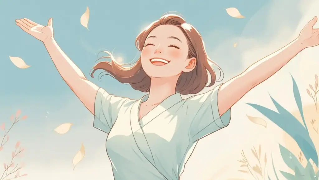 TSURUスキンケアを使って肌の調子が整って、前向きに快適さを表現した画像
