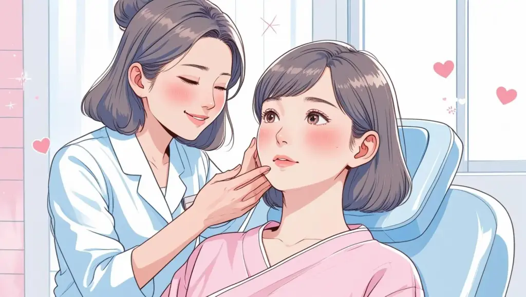 仙台の東京中央美容外科のエラボトックスの特徴を詳しく解説。優しくタッチングしてくれる看護師のイラスト。