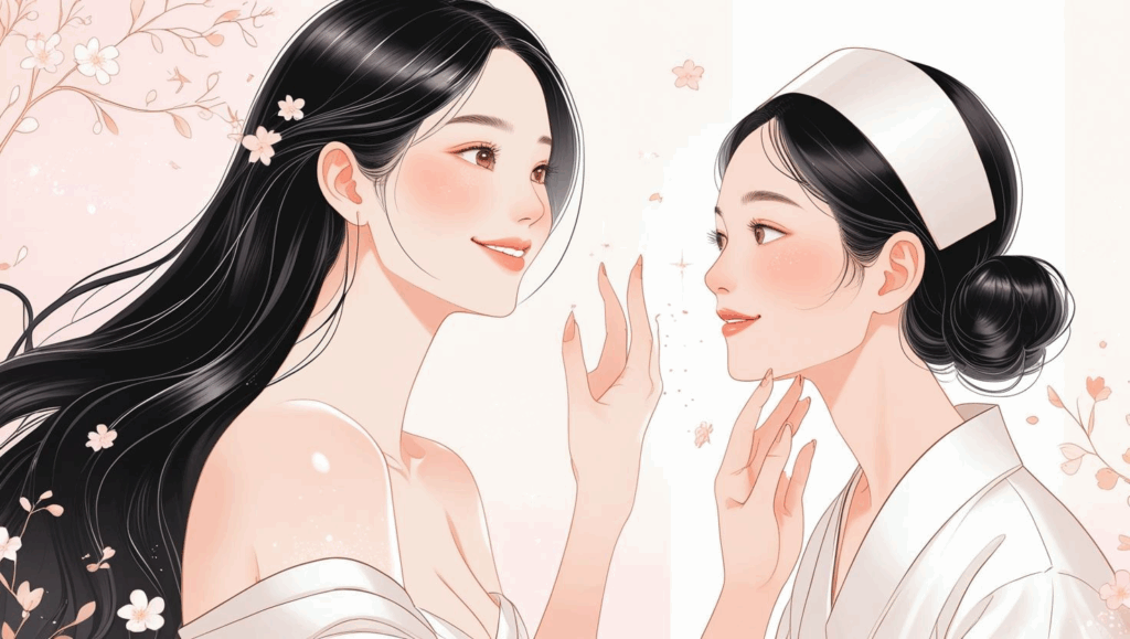 開発者の中島あさ美さんと美容ナースMeiが出会ったイラスト図。あさ美さんのツヤツヤな黒髪ロングヘアと白くてキメの整った肌が印象的