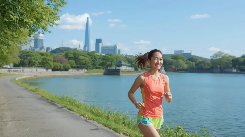 ランニングウェアの女性が皇居ランをしているイメージ画像